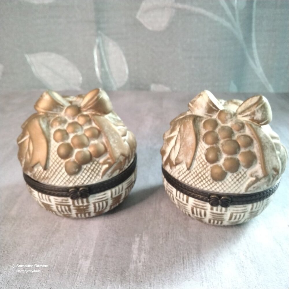 Two Vintage Ceramic Fruit Basket Shaped Trinket, Jewelry or Pill Boxes